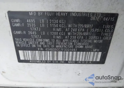 2015 Subaru Outback 2.5I Premium from USA, damaged, VIN 4S4BSBCC7F3331097